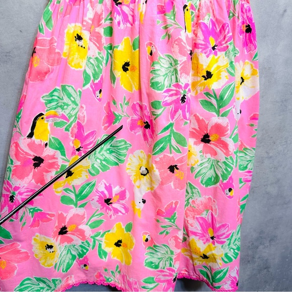 Tommy Bahama Dress Girls Sz 8 Hawaiian Floral Parrots Tropical Bird Crochet Trim - Picture 6 of 11